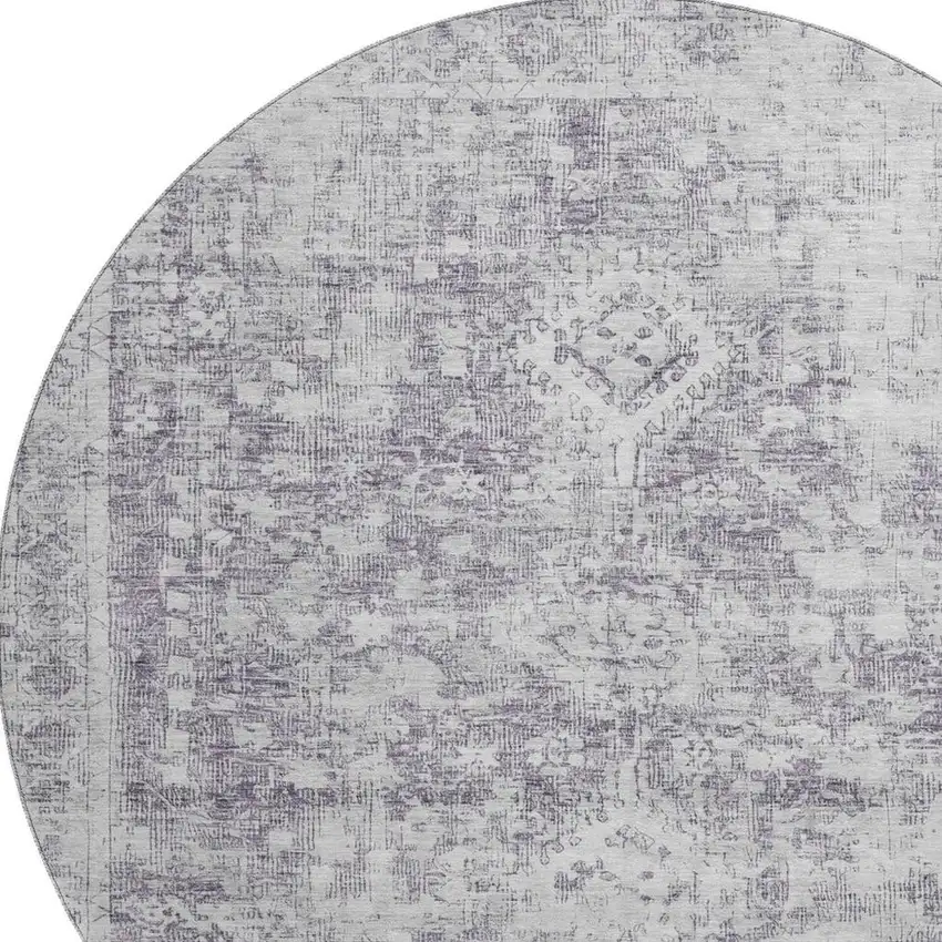 8' X 8' Plum And Silver Oriental Washable Round Rug With UV Protection Photo 2