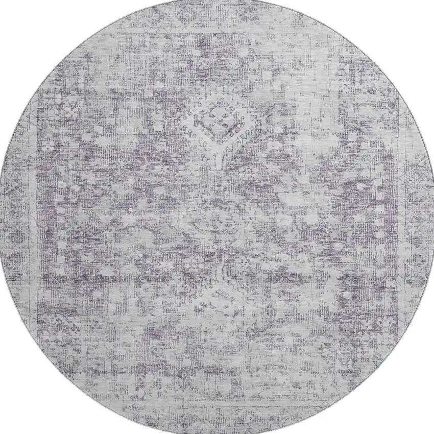 8' X 8' Plum And Silver Oriental Washable Round Rug With UV Protection Photo 3