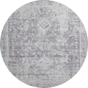 Photo of 8' X 8' Plum And Silver Oriental Washable Round Rug With UV Protection