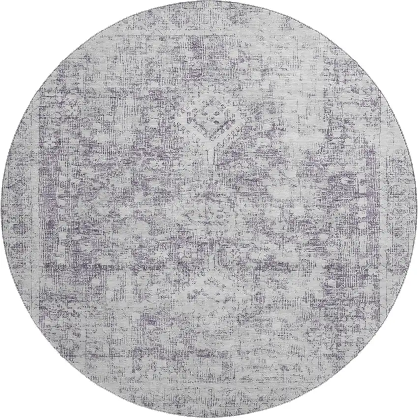 8' X 8' Plum And Silver Oriental Washable Round Rug With UV Protection Photo 1