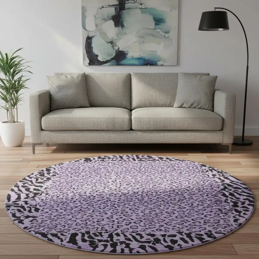 8' X 8' Purple And Black Animal Print Washable Round Rug With UV Protection Photo 2