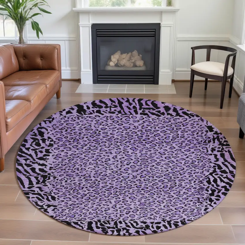 8' X 8' Purple And Black Animal Print Washable Round Rug With UV Protection Photo 4