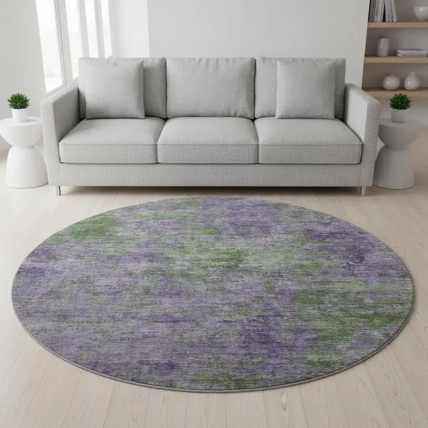 8' X 8' Purple And Green Abstract Washable Round Rug With UV Protection Photo 2