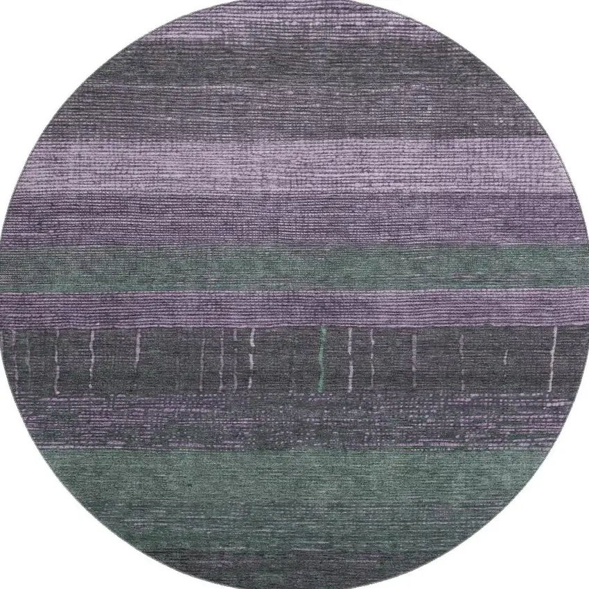8' X 8' Purple And Olive Green Striped Washable Round Rug With UV Protection Photo 3