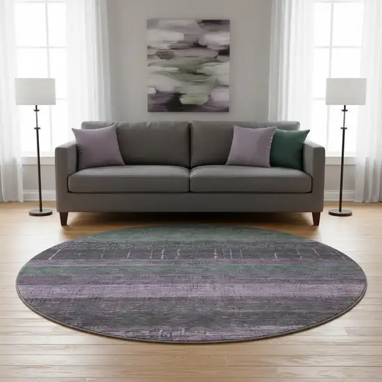 8' X 8' Purple And Olive Green Striped Washable Round Rug With UV Protection Photo 2