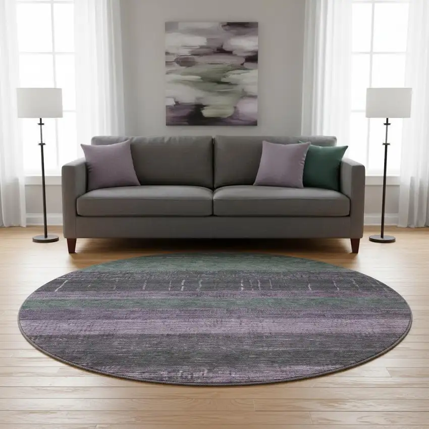 8' X 8' Purple And Olive Green Striped Washable Round Rug With UV Protection Photo 2