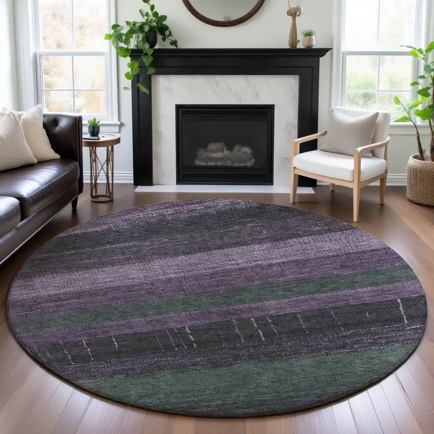 8' X 8' Purple And Olive Green Striped Washable Round Rug With UV Protection Photo 4