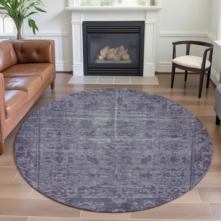 8' X 8' Purple And Silver Oriental Washable Round Rug With UV Protection Photo 4