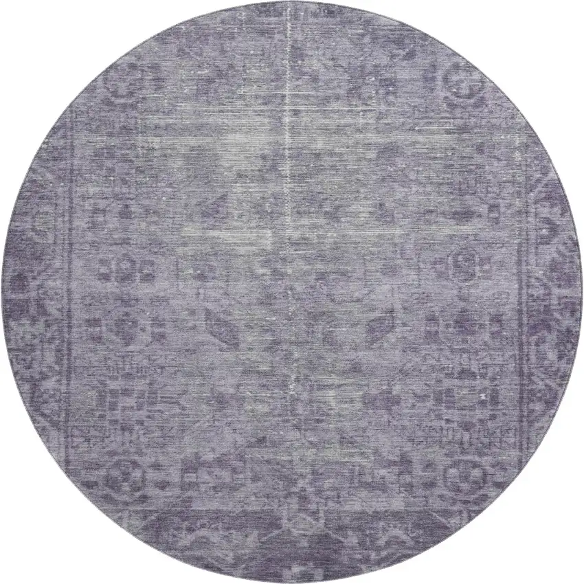 8' X 8' Purple And Silver Oriental Washable Round Rug With UV Protection Photo 1