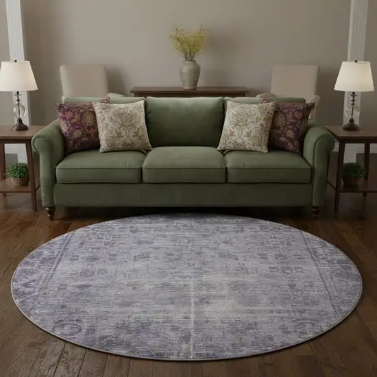 8' X 8' Purple And Silver Oriental Washable Round Rug With UV Protection Photo 2