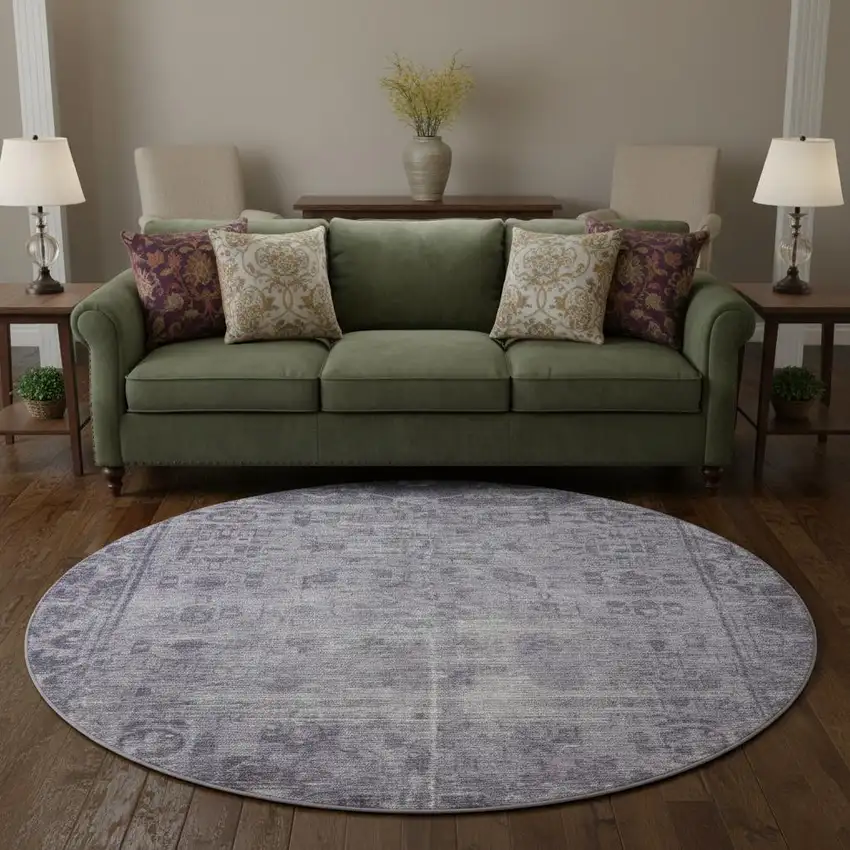 8' X 8' Purple And Silver Oriental Washable Round Rug With UV Protection Photo 2