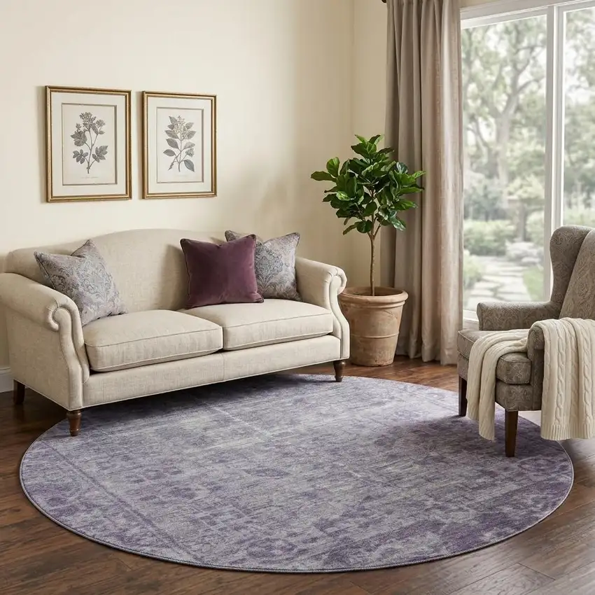 8' X 8' Purple And Silver Oriental Washable Round Rug With UV Protection Photo 1