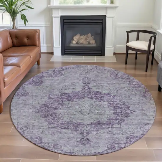 8' X 8' Purple And Silver Oriental Washable Round Rug With UV Protection Photo 4