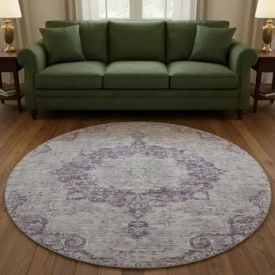 8' X 8' Purple And Silver Oriental Washable Round Rug With UV Protection Photo 2