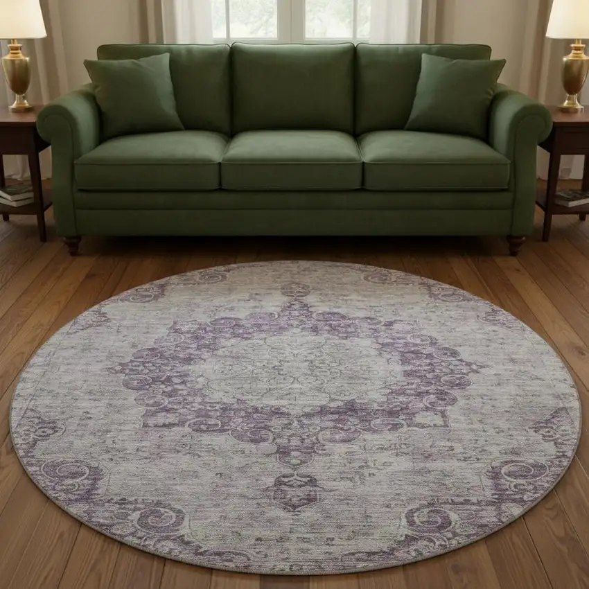 8' X 8' Purple And Silver Oriental Washable Round Rug With UV Protection Photo 2