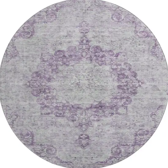 8' X 8' Purple And Silver Oriental Washable Round Rug With UV Protection Photo 3