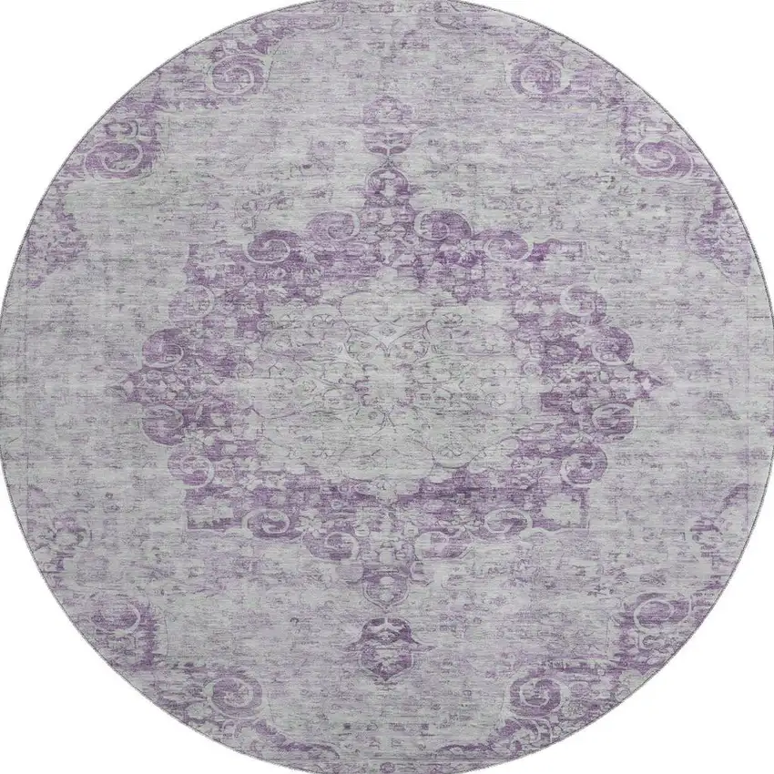 8' X 8' Purple And Silver Oriental Washable Round Rug With UV Protection Photo 3
