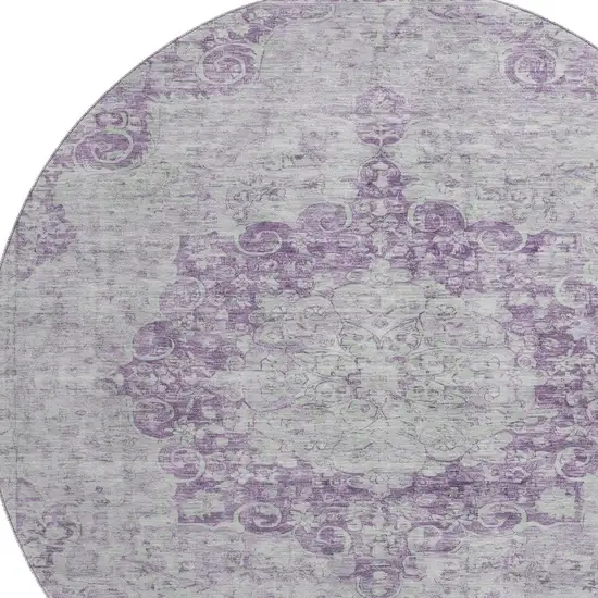 8' X 8' Purple And Silver Oriental Washable Round Rug With UV Protection Photo 2
