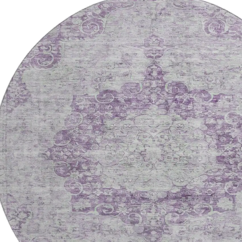 8' X 8' Purple And Silver Oriental Washable Round Rug With UV Protection Photo 2