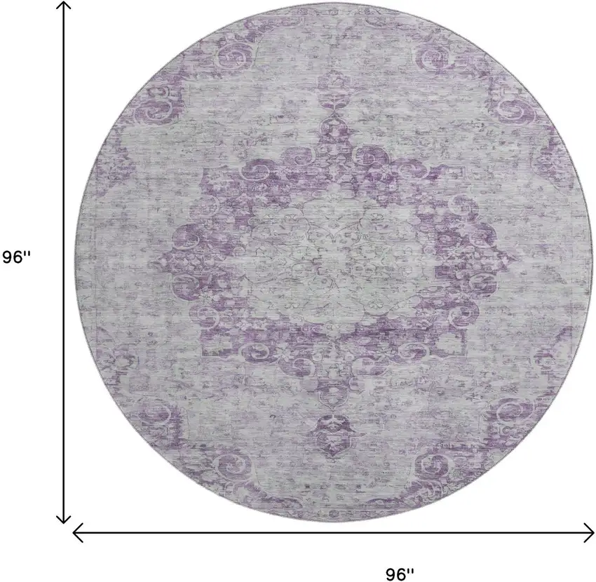 8' X 8' Purple And Silver Oriental Washable Round Rug With UV Protection Photo 9