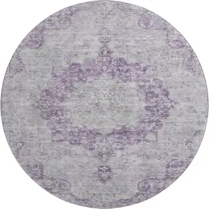 Photo of 8' X 8' Purple And Silver Oriental Washable Round Rug With UV Protection