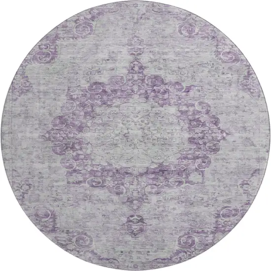 8' X 8' Purple And Silver Oriental Washable Round Rug With UV Protection Photo 1