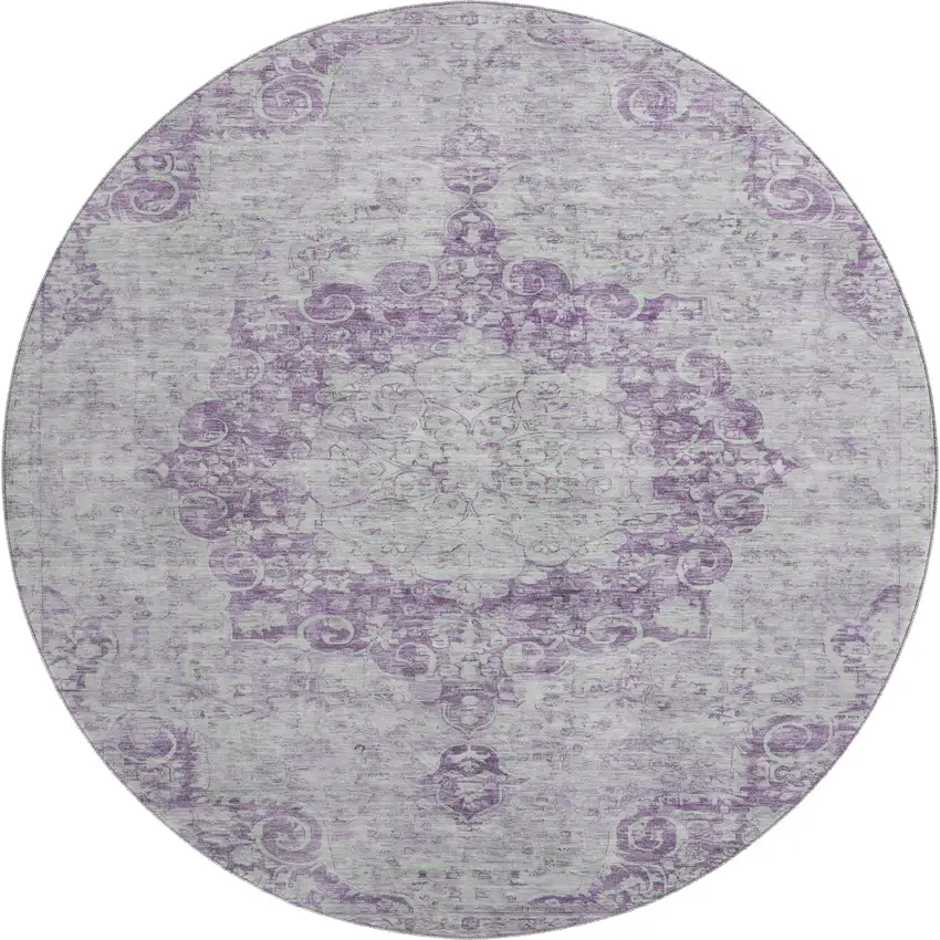 8' X 8' Purple And Silver Oriental Washable Round Rug With UV Protection Photo 1