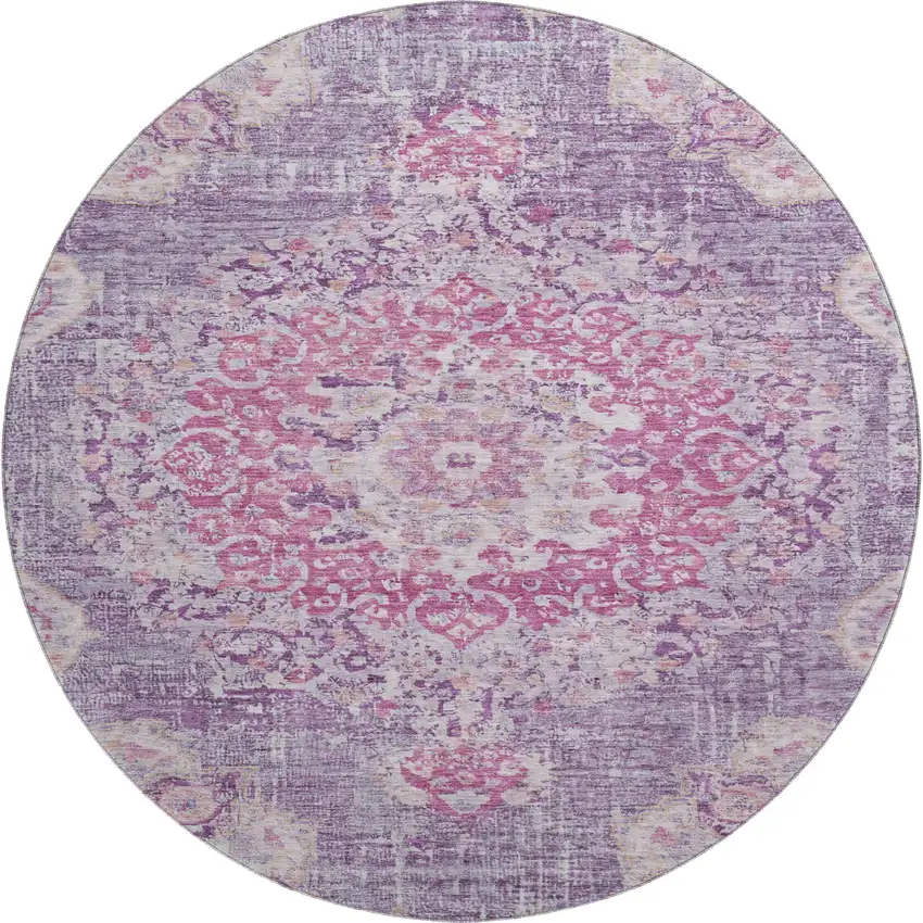 8' X 8' Purple Beige And Ivory Floral Washable Round Rug With UV Protection Photo 1