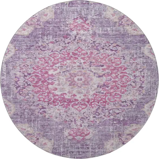 8' X 8' Purple Beige And Ivory Floral Washable Round Rug With UV Protection Photo 3