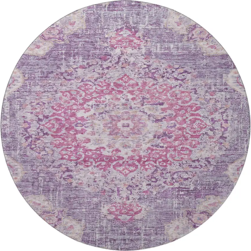 8' X 8' Purple Beige And Ivory Floral Washable Round Rug With UV Protection Photo 3