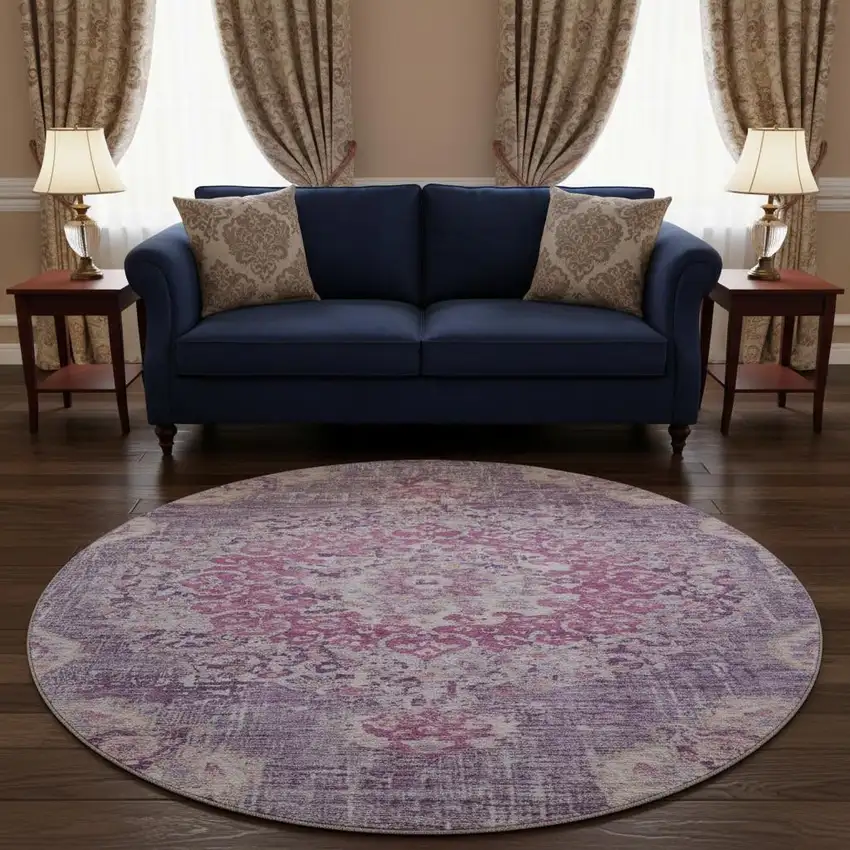 8' X 8' Purple Beige And Ivory Floral Washable Round Rug With UV Protection Photo 2