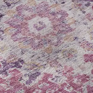 Photo of 8' X 8' Purple Beige And Ivory Floral Washable Round Rug With UV Protection