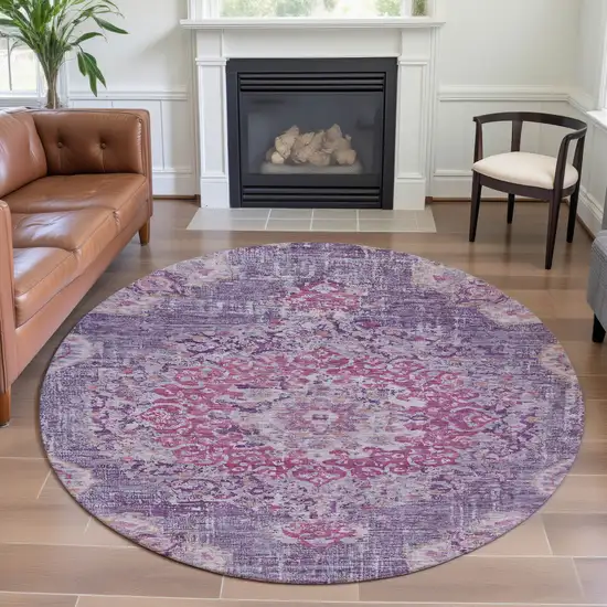 8' X 8' Purple Beige And Ivory Floral Washable Round Rug With UV Protection Photo 4