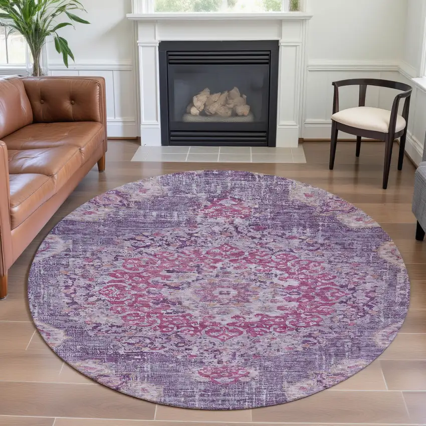 8' X 8' Purple Beige And Ivory Floral Washable Round Rug With UV Protection Photo 4