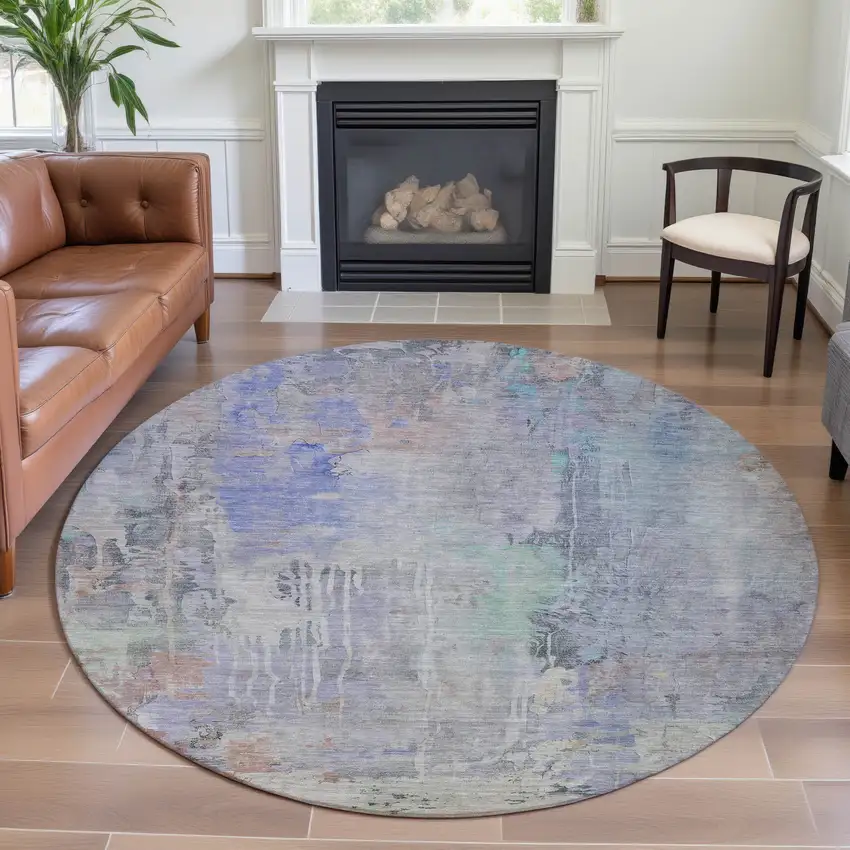 8' X 8' Purple Blue And Gray Abstract Washable Round Rug With UV Protection Photo 4