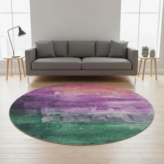8' X 8' Purple Emerald And Coral Abstract Washable Round Rug With UV Protection Photo 2