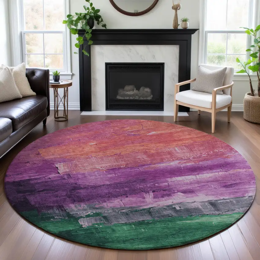 8' X 8' Purple Emerald And Coral Abstract Washable Round Rug With UV Protection Photo 4