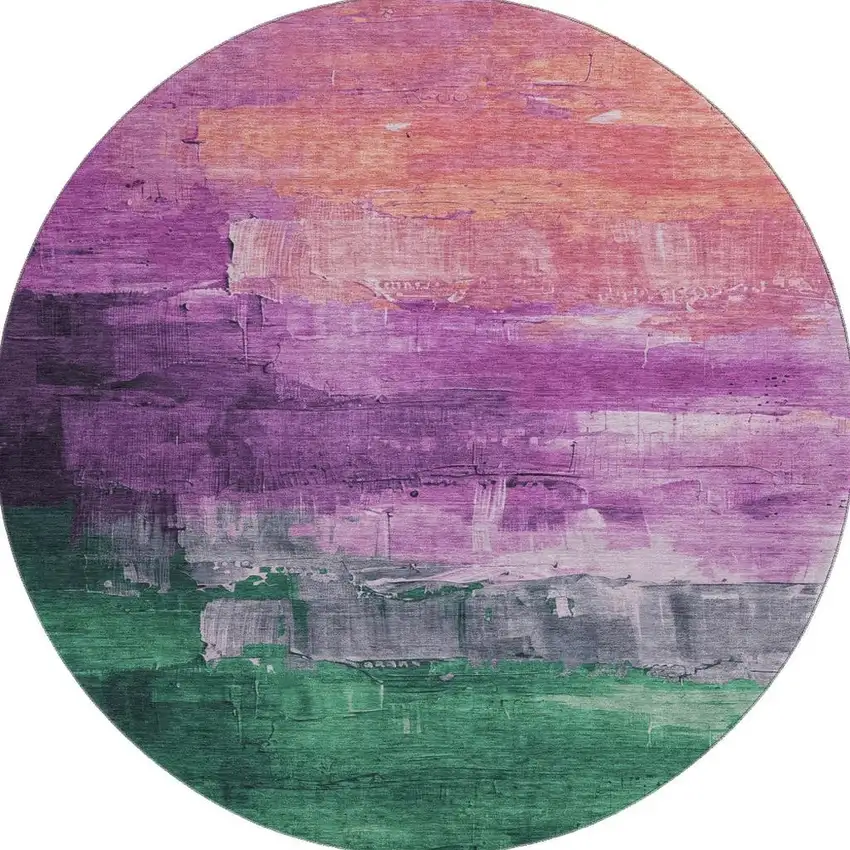 8' X 8' Purple Emerald And Coral Abstract Washable Round Rug With UV Protection Photo 3