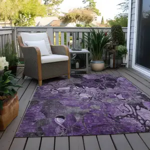 Photo of 3' X 5' Purple Floral Washable Non Skid Indoor Outdoor Area Rug