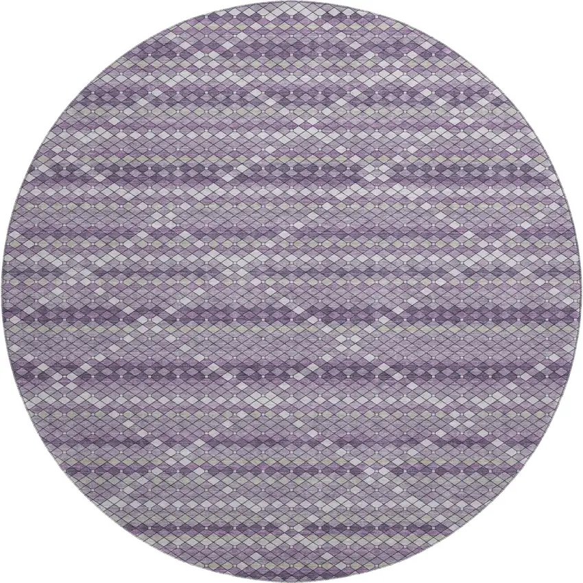 8' X 8' Purple Gray And Ivory Geometric Washable Round Rug With UV Protection Photo 1