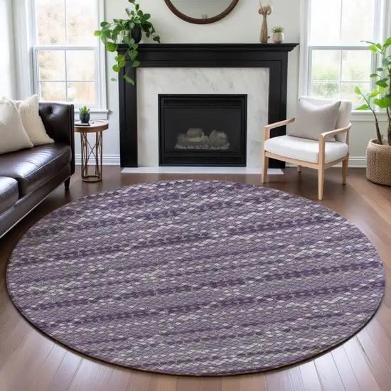 8' X 8' Purple Gray And Ivory Geometric Washable Round Rug With UV Protection Photo 4