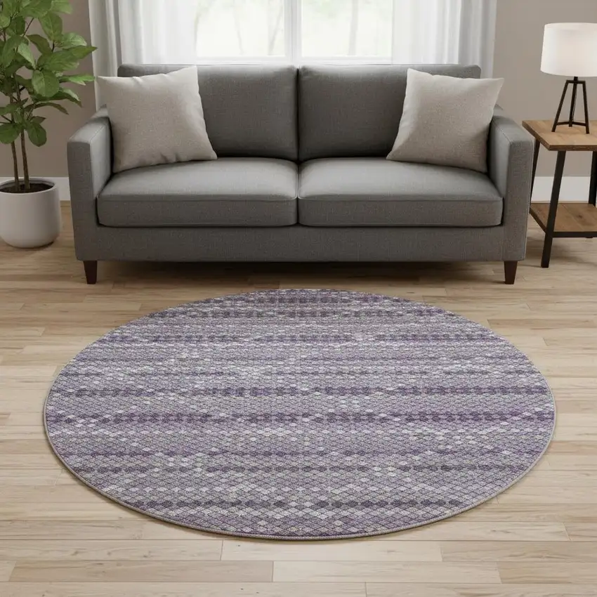 8' X 8' Purple Gray And Ivory Geometric Washable Round Rug With UV Protection Photo 2