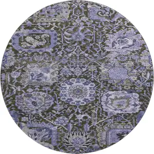 Photo of 8' X 8' Purple Gray And Silver Damask Washable Round Rug With UV Protection