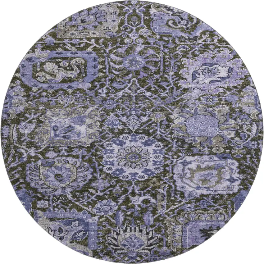 8' X 8' Purple Gray And Silver Damask Washable Round Rug With UV Protection Photo 1