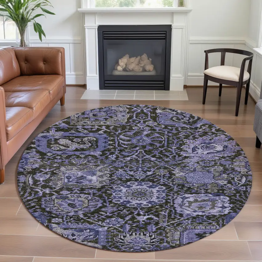 8' X 8' Purple Gray And Silver Damask Washable Round Rug With UV Protection Photo 4