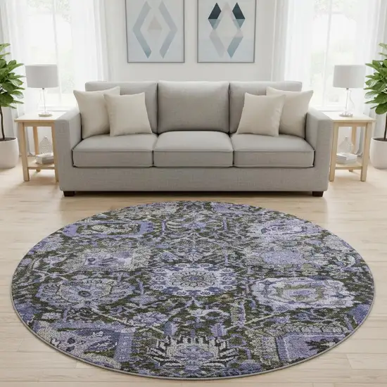 8' X 8' Purple Gray And Silver Damask Washable Round Rug With UV Protection Photo 2