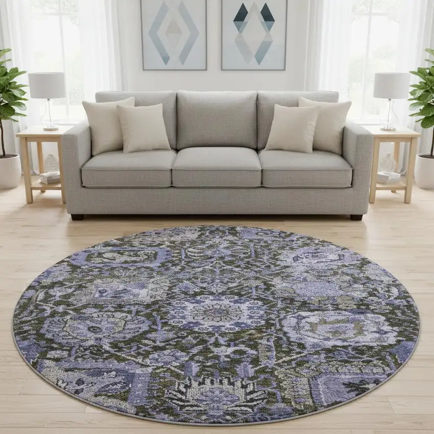8' X 8' Purple Gray And Silver Damask Washable Round Rug With UV Protection Photo 2
