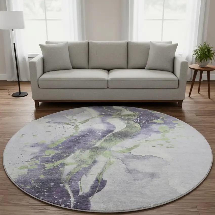 8' X 8' Purple Green And Ivory Abstract Washable Round Rug With UV Protection Photo 2