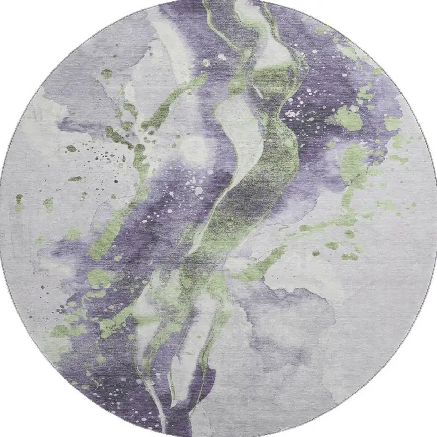 8' X 8' Purple Green And Ivory Abstract Washable Round Rug With UV Protection Photo 3