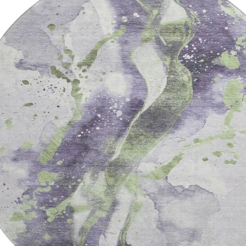 8' X 8' Purple Green And Ivory Abstract Washable Round Rug With UV Protection Photo 2
